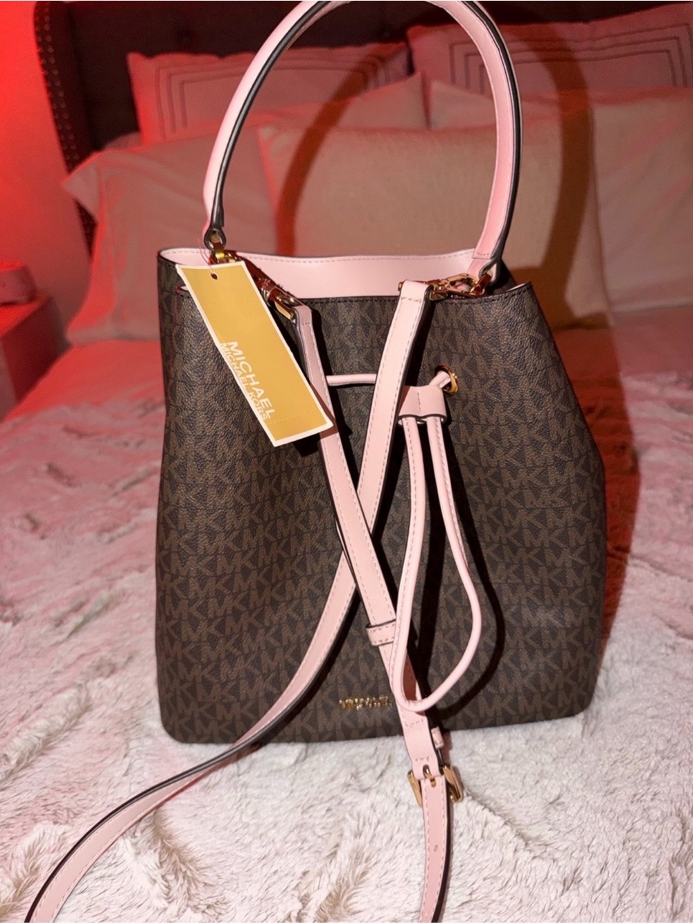 Michael Kors Brown MK Logo Bucket Bag with Pink Trim